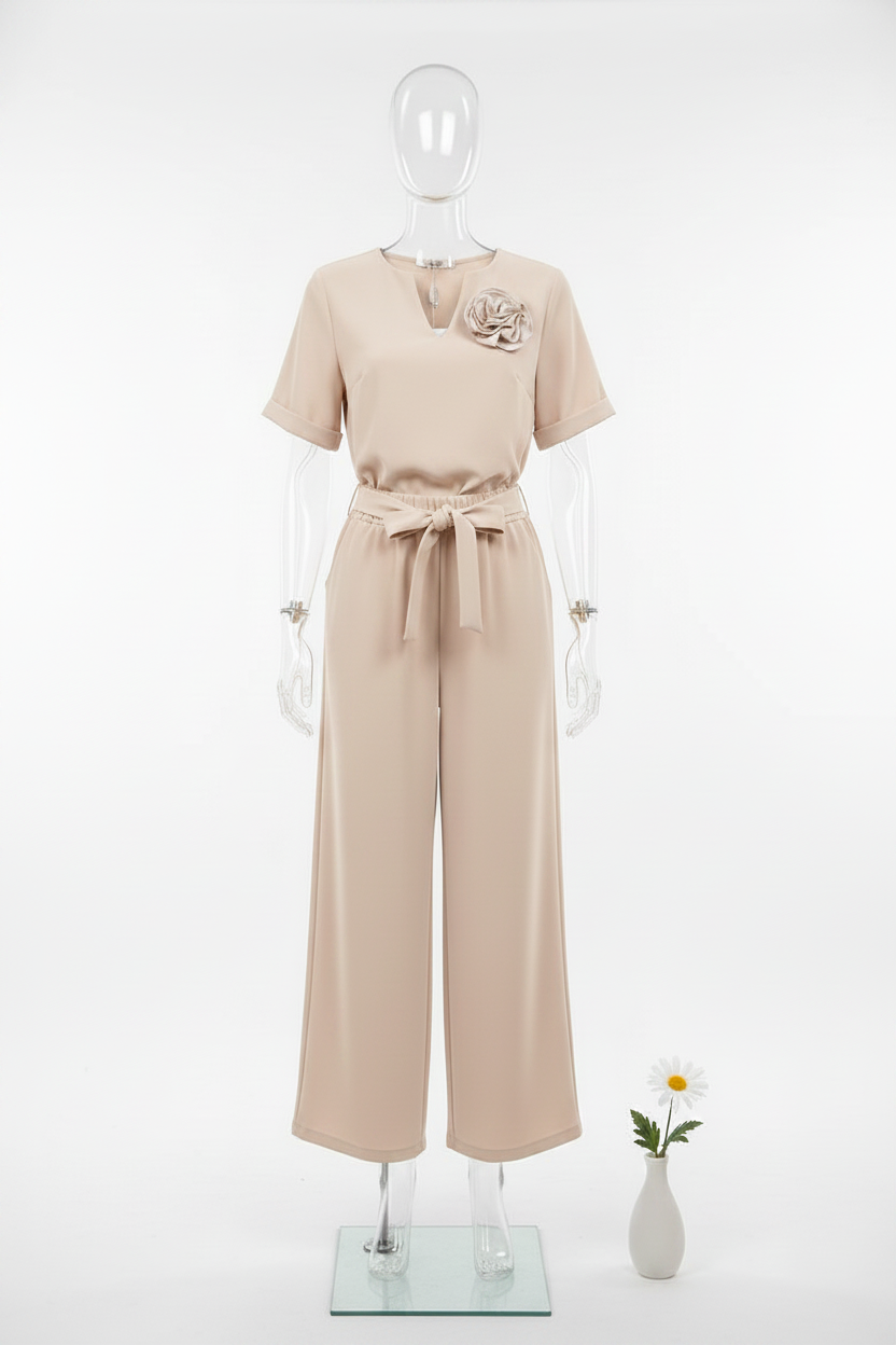 Elegancki komplet damski – bluzka z różą i spodnie wide leg