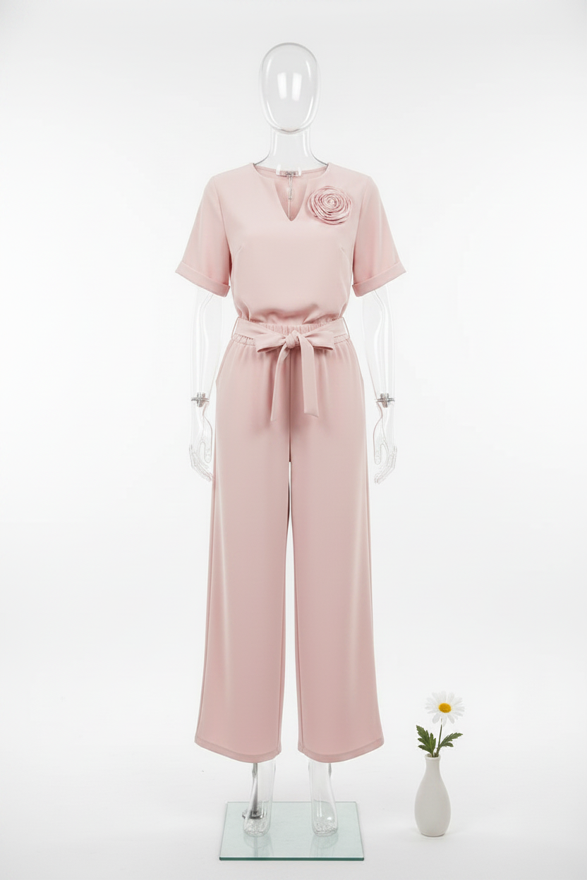 Elegancki komplet damski – bluzka z różą i spodnie wide leg