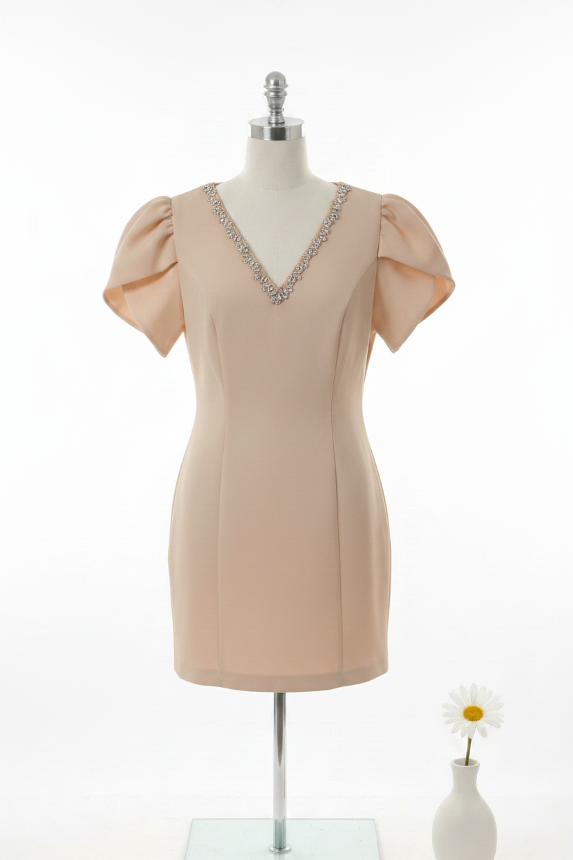 Sukienka mini z bufiastymi rękawami i kryształowym dekoltem | 3 kolory