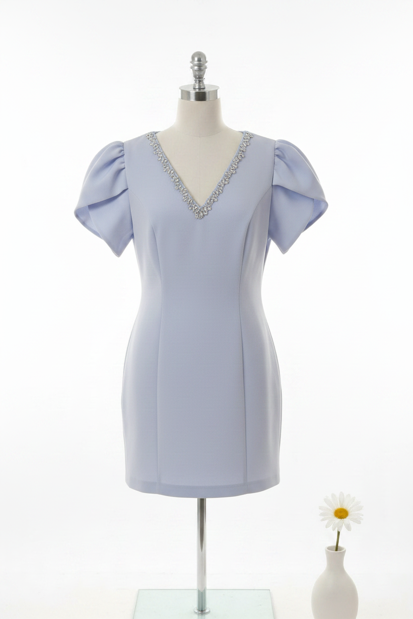 Sukienka mini z bufiastymi rękawami i kryształowym dekoltem | 3 kolory